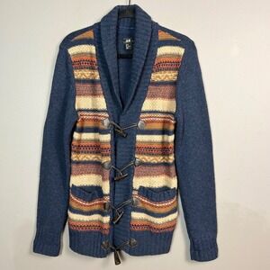 H&M Cardigan Sweater Mens Small Shawl CollarBlue Stripe Toggle Town Country Wool